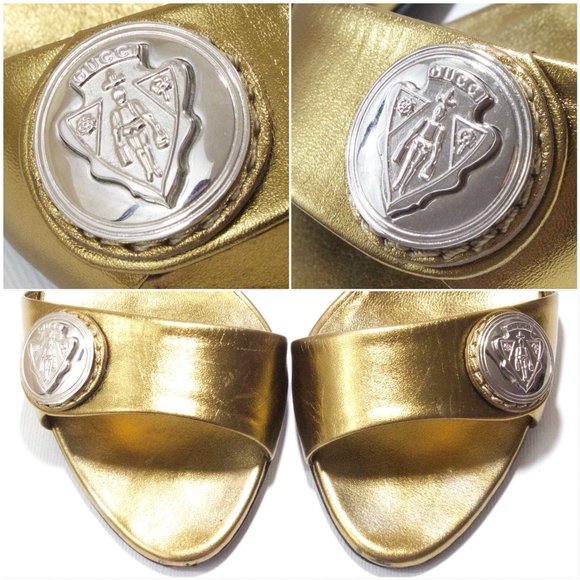 GUCCI HYSTERIA Golden Bronze Heels Logo Crest Slip In Sandals Slides Size 37.5 - Picture 3 of 8